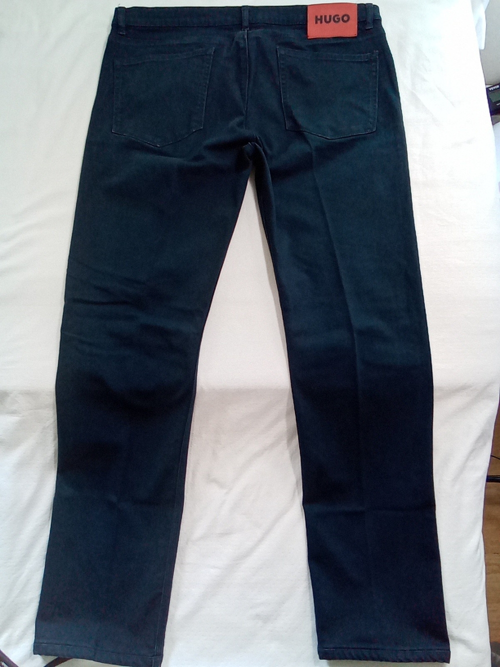 HUGO Navy Straight-Leg Jeans with Leather Logo Patch